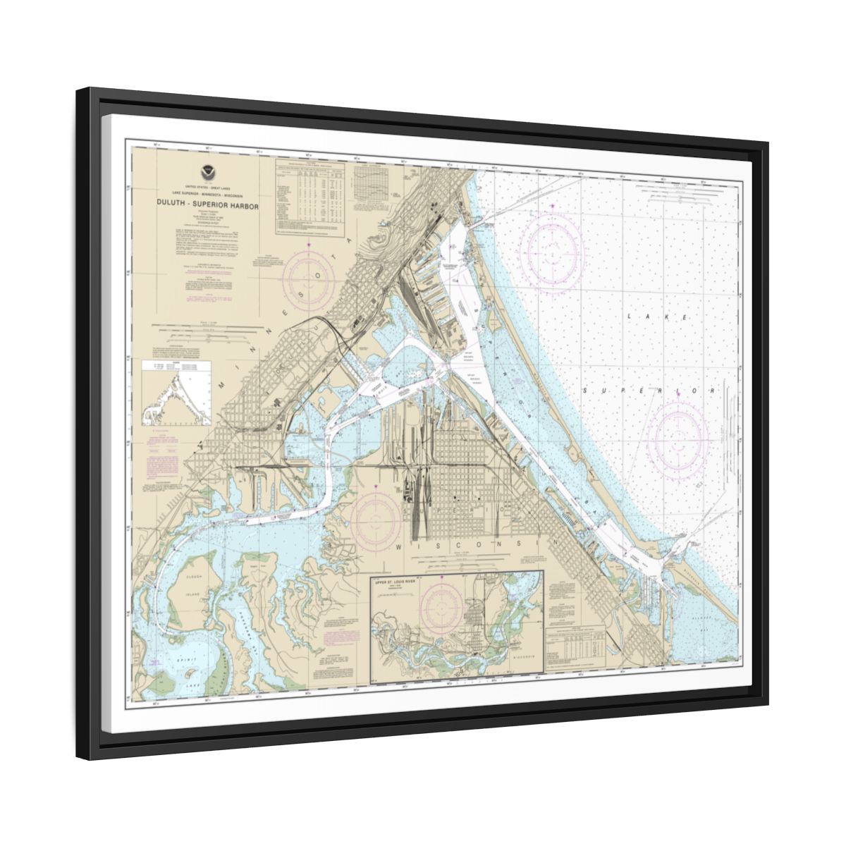 Chart 14975 Duluth-Superior Harbor;Upper St. Louis River - NOAA Nautical Chart Floating Frame Canvas | 32" x 24" | 40" x 30" - Black side
