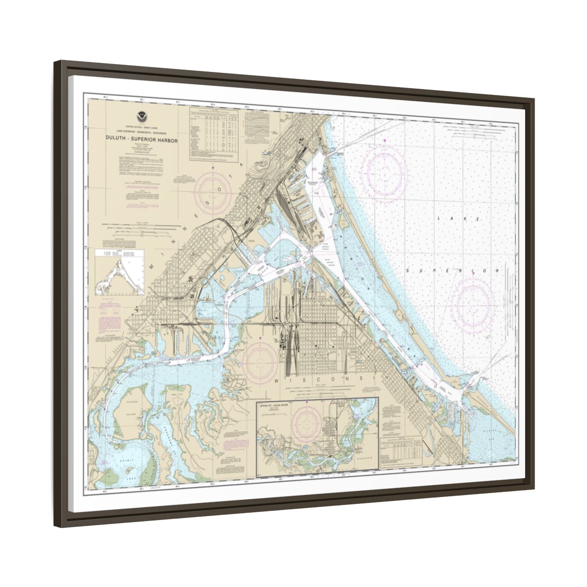 Chart 14975 Duluth-Superior Harbor;Upper St. Louis River - NOAA Nautical Chart Floating Frame Canvas | 32" x 24" | 40" x 30" - Espresso side