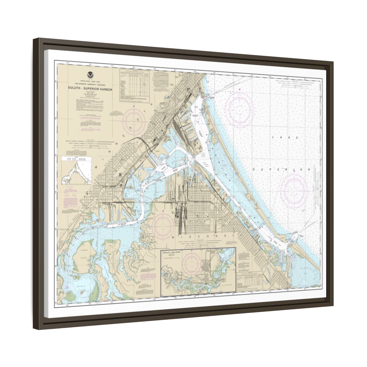 Chart 14975 Duluth-Superior Harbor;Upper St. Louis River - NOAA Nautical Chart Floating Frame Canvas | 32" x 24" | 40" x 30" - Espresso side