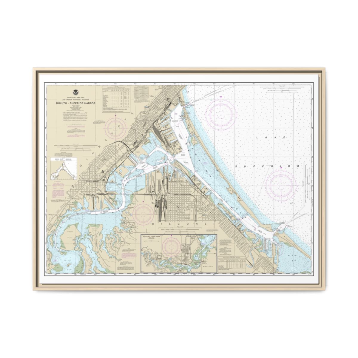 Chart 14975 Duluth-Superior Harbor;Upper St. Louis River - NOAA Nautical Chart Floating Frame Canvas | 32" x 24" | 40" x 30" - Natural front