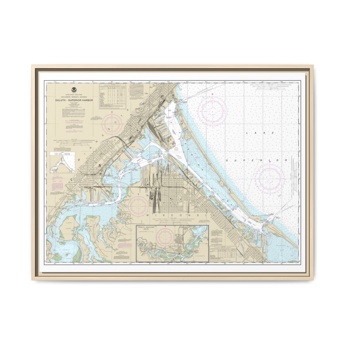 Chart 14975 Duluth-Superior Harbor;Upper St. Louis River - NOAA Nautical Chart Floating Frame Canvas | 32" x 24" | 40" x 30" - Natural front