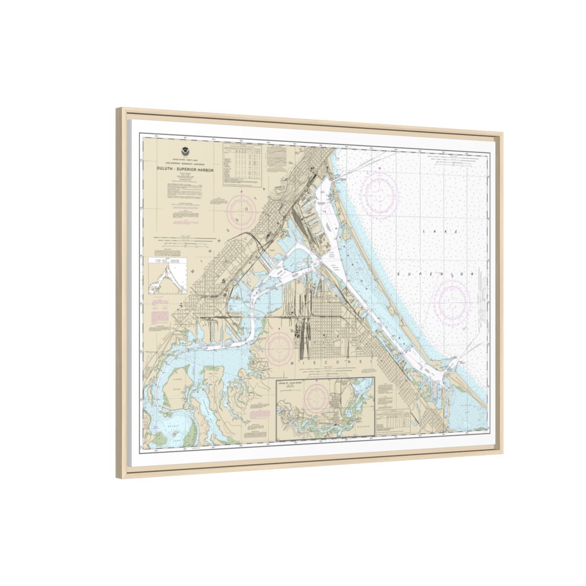 Chart 14975 Duluth-Superior Harbor;Upper St. Louis River - NOAA Nautical Chart Floating Frame Canvas | 32" x 24" | 40" x 30" - Natural side