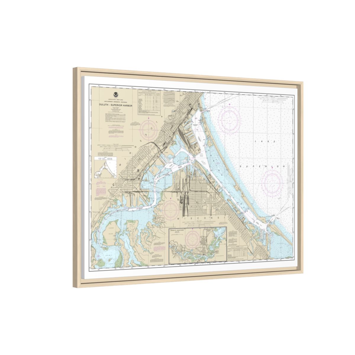 Chart 14975 Duluth-Superior Harbor;Upper St. Louis River - NOAA Nautical Chart Floating Frame Canvas | 32" x 24" | 40" x 30" - Natural side