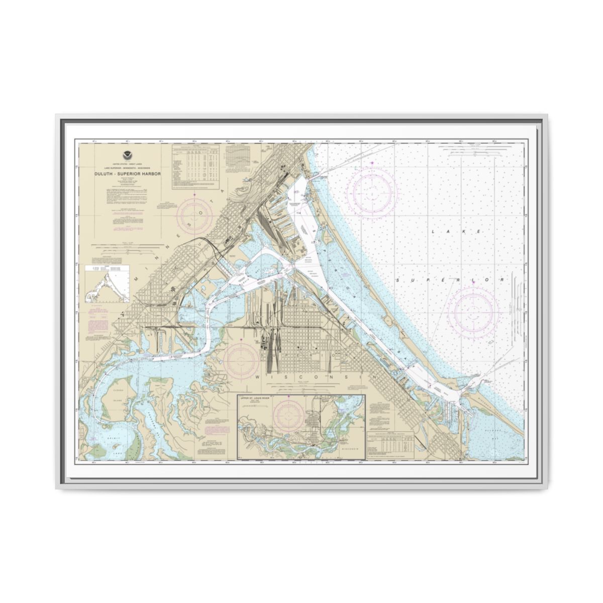 Chart 14975 Duluth-Superior Harbor;Upper St. Louis River - NOAA Nautical Chart Floating Frame Canvas | 32" x 24" | 40" x 30" - White front