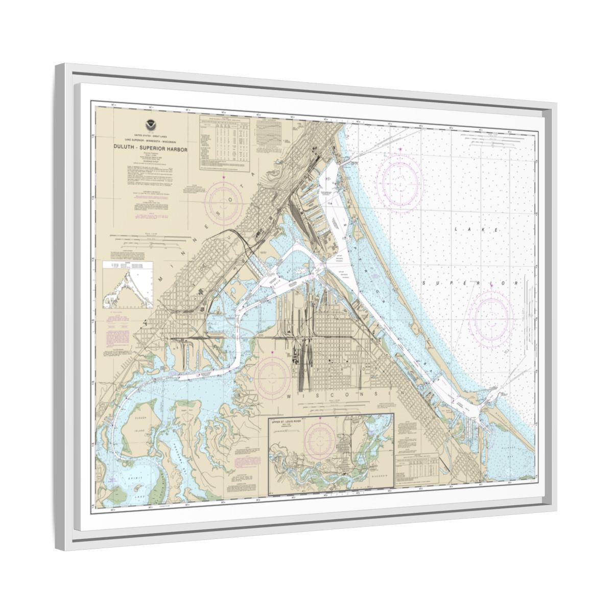 Chart 14975 Duluth-Superior Harbor;Upper St. Louis River - NOAA Nautical Chart Floating Frame Canvas | 32" x 24" | 40" x 30" - White side