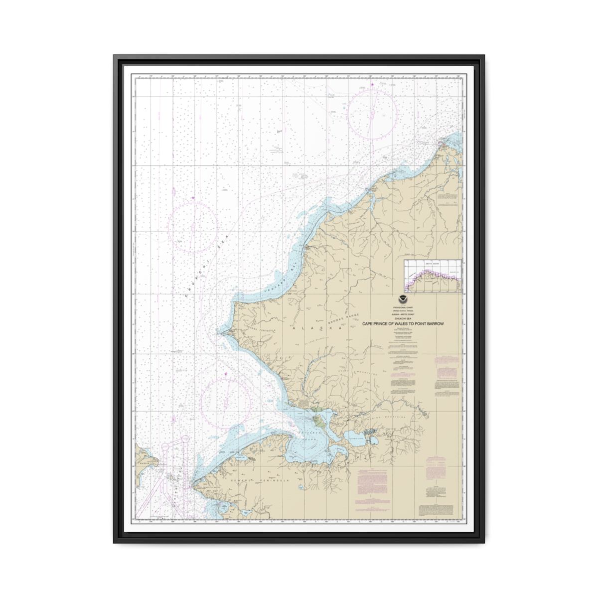 Chart 16005 Cape Prince of Wales to Pt. Barrow - NOAA Nautical Chart Floating Frame Canvas | 24" x 32" | 30" x 40" - Black front
