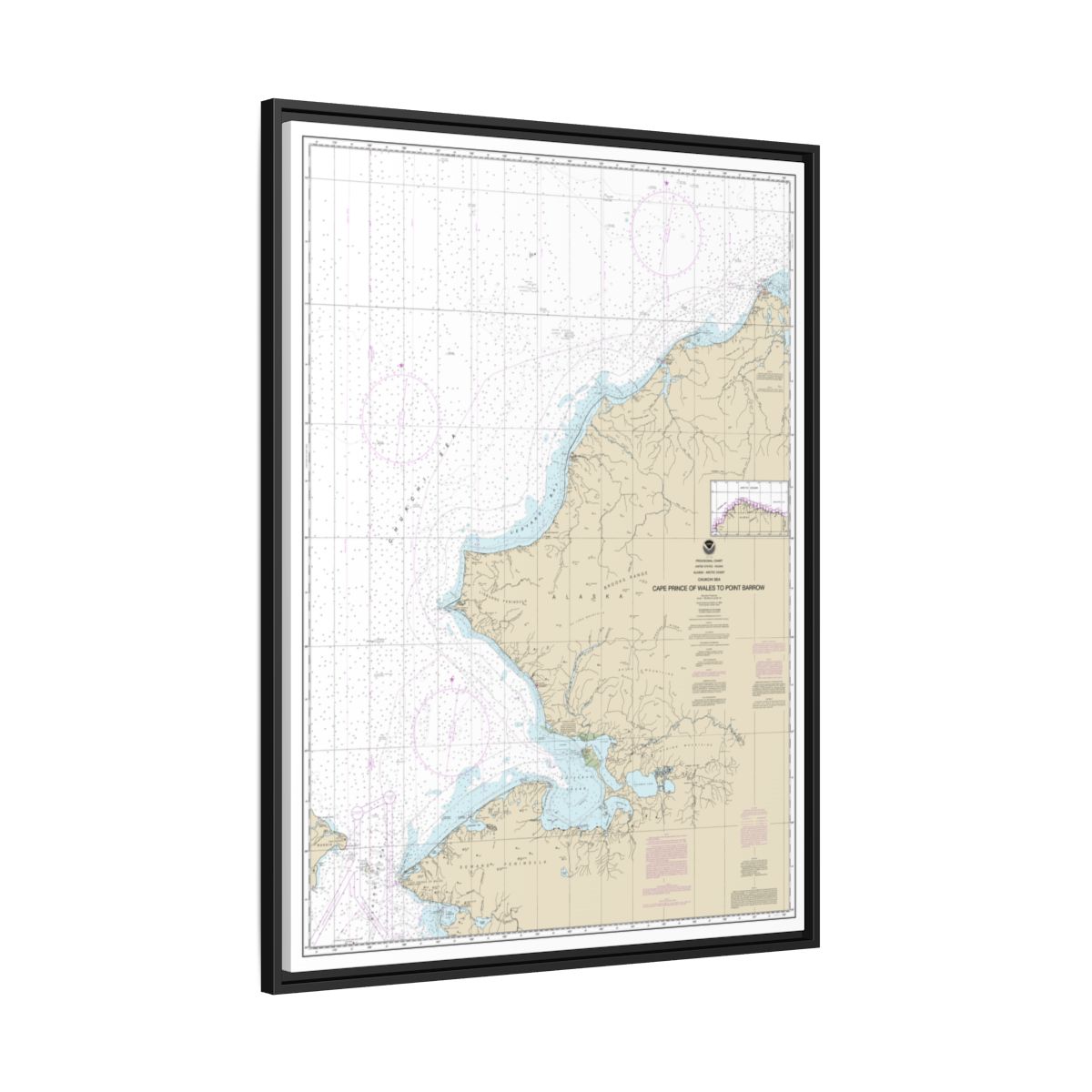 Chart 16005 Cape Prince of Wales to Pt. Barrow - NOAA Nautical Chart Floating Frame Canvas | 24" x 32" | 30" x 40" - Black side