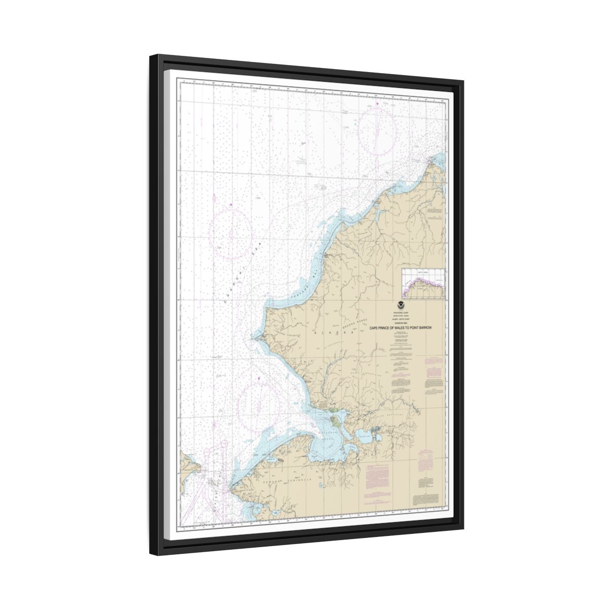 Chart 16005 Cape Prince of Wales to Pt. Barrow - NOAA Nautical Chart Floating Frame Canvas | 24" x 32" | 30" x 40" - Black side