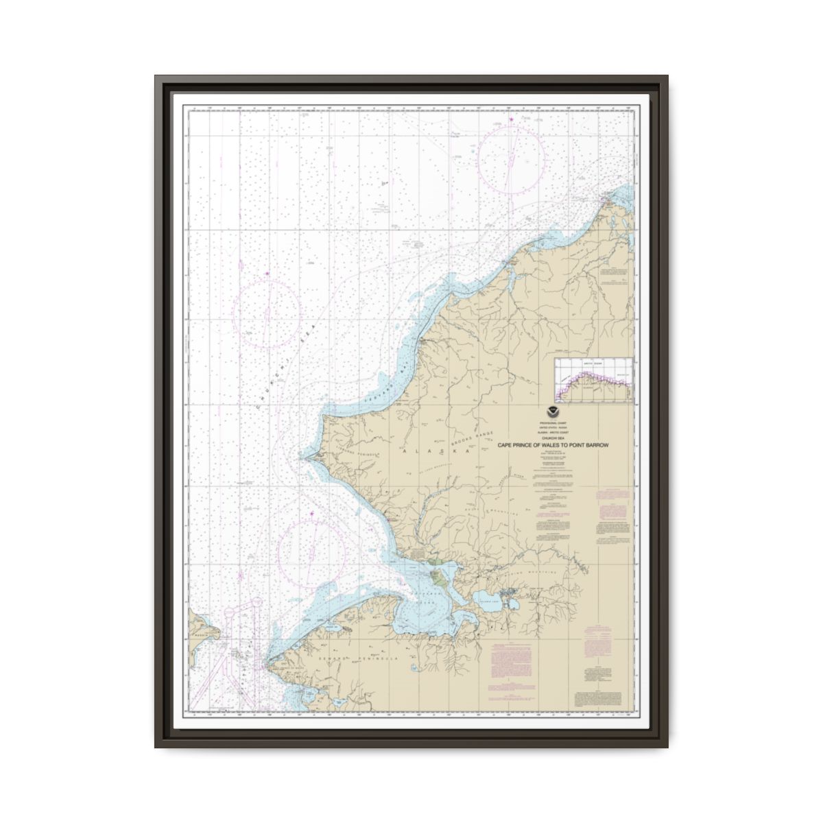 Chart 16005 Cape Prince of Wales to Pt. Barrow - NOAA Nautical Chart Floating Frame Canvas | 24" x 32" | 30" x 40" - Espresso front