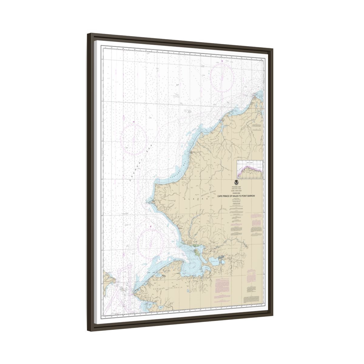 Chart 16005 Cape Prince of Wales to Pt. Barrow - NOAA Nautical Chart Floating Frame Canvas | 24" x 32" | 30" x 40" - Espresso side