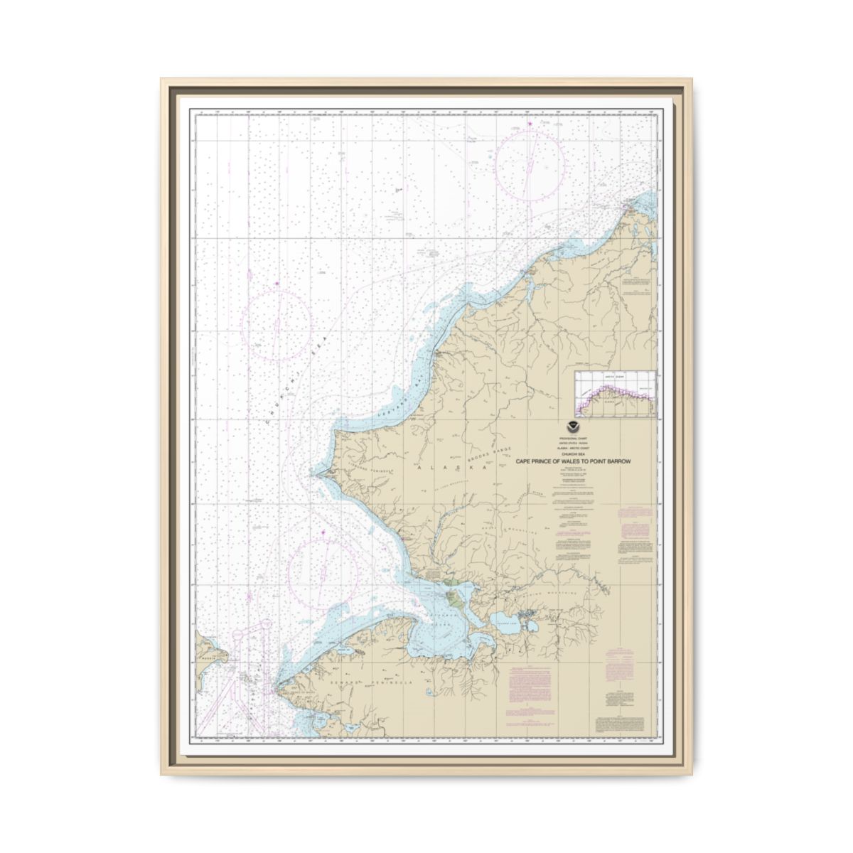 Chart 16005 Cape Prince of Wales to Pt. Barrow - NOAA Nautical Chart Floating Frame Canvas | 24" x 32" | 30" x 40" - Natural front