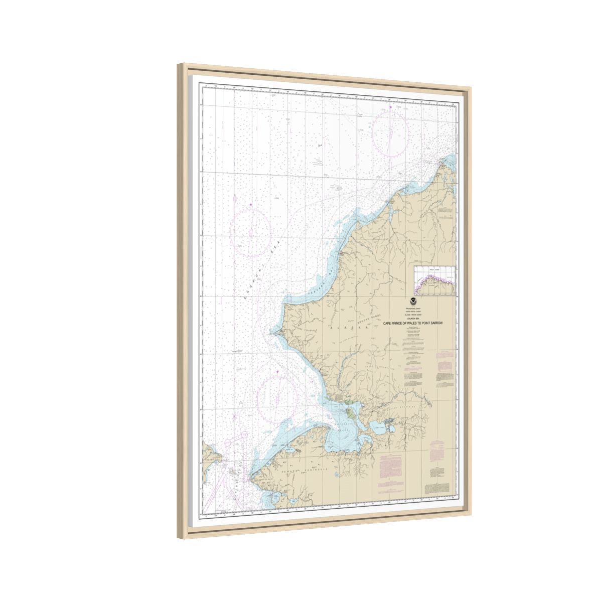 Chart 16005 Cape Prince of Wales to Pt. Barrow - NOAA Nautical Chart Floating Frame Canvas | 24" x 32" | 30" x 40" - Natural side