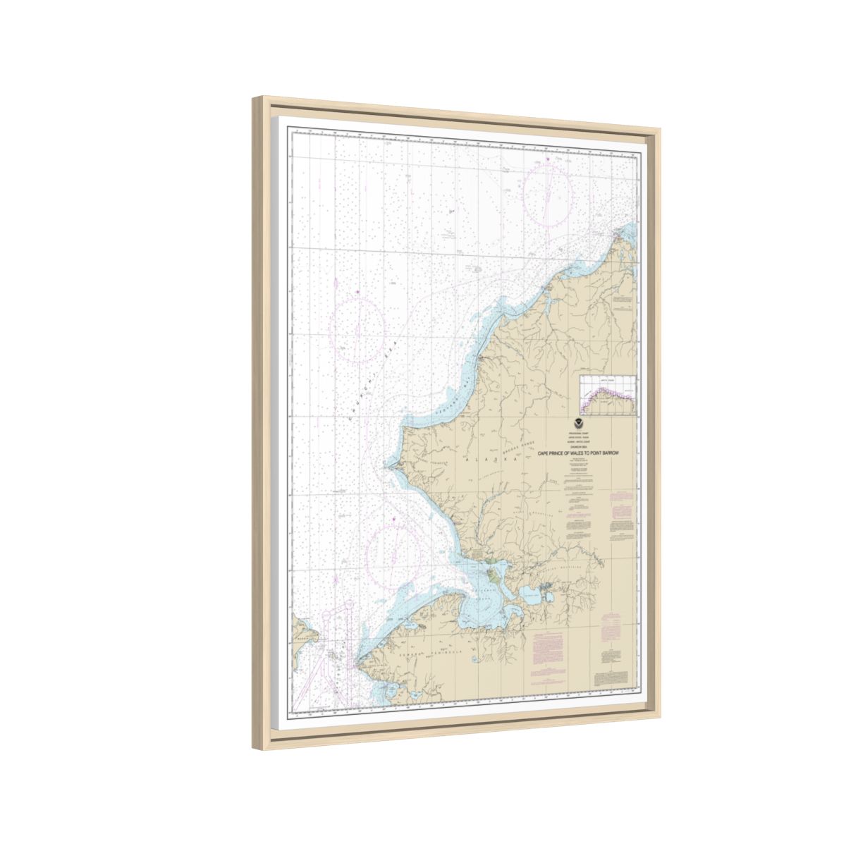 Chart 16005 Cape Prince of Wales to Pt. Barrow - NOAA Nautical Chart Floating Frame Canvas | 24" x 32" | 30" x 40" - Natural side