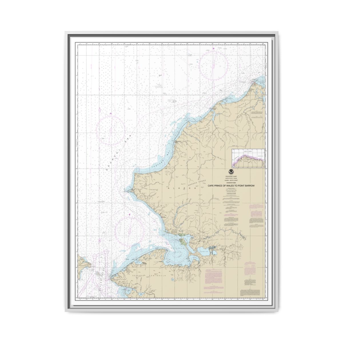Chart 16005 Cape Prince of Wales to Pt. Barrow - NOAA Nautical Chart Floating Frame Canvas | 24" x 32" | 30" x 40" - White front