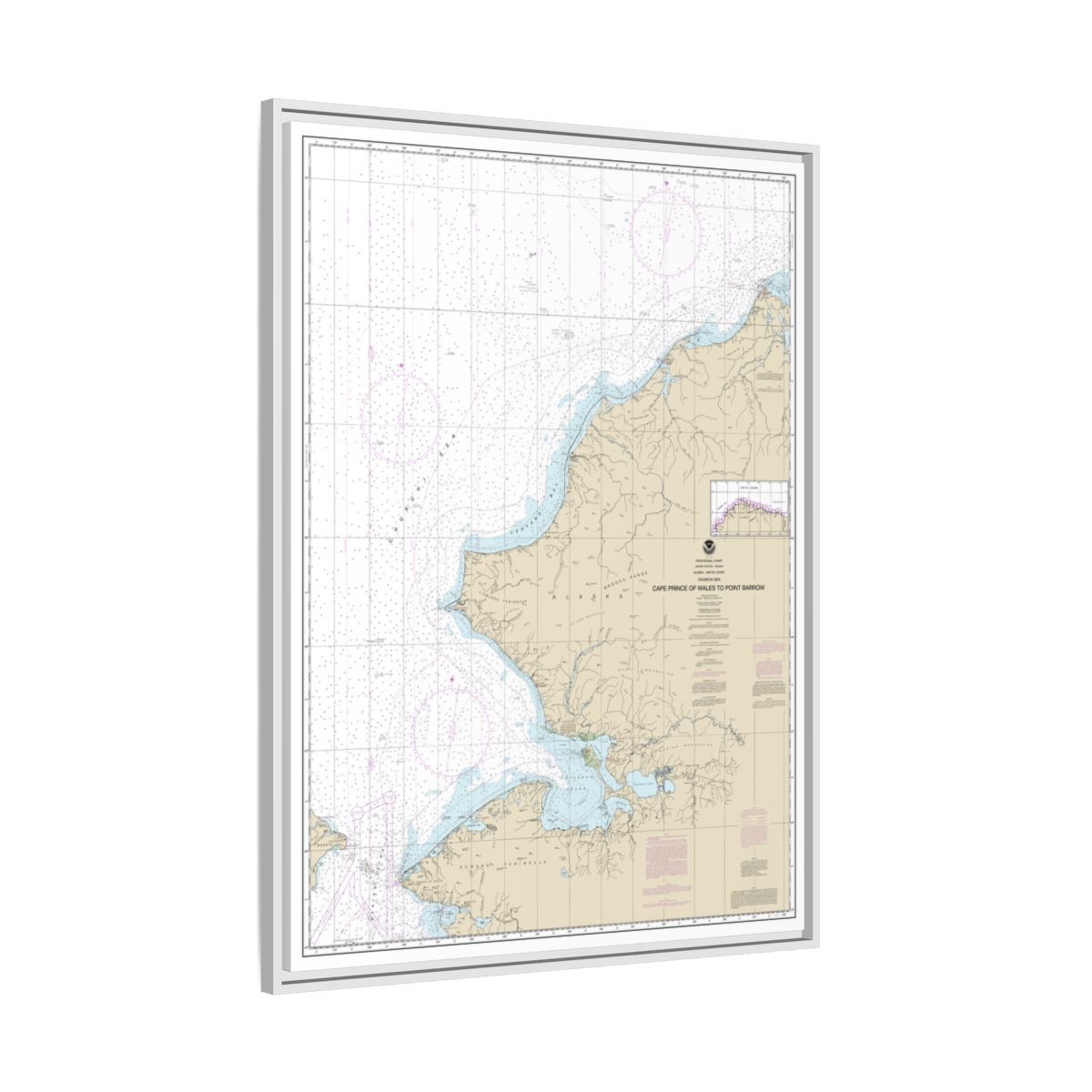 Chart 16005 Cape Prince of Wales to Pt. Barrow - NOAA Nautical Chart Floating Frame Canvas | 24" x 32" | 30" x 40" - White side