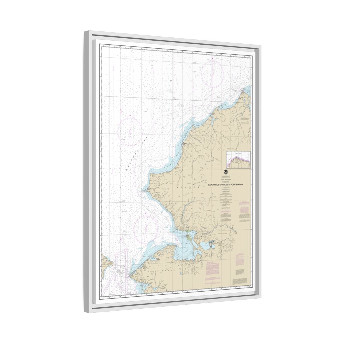 Chart 16005 Cape Prince of Wales to Pt. Barrow - NOAA Nautical Chart Floating Frame Canvas | 24" x 32" | 30" x 40" - White side