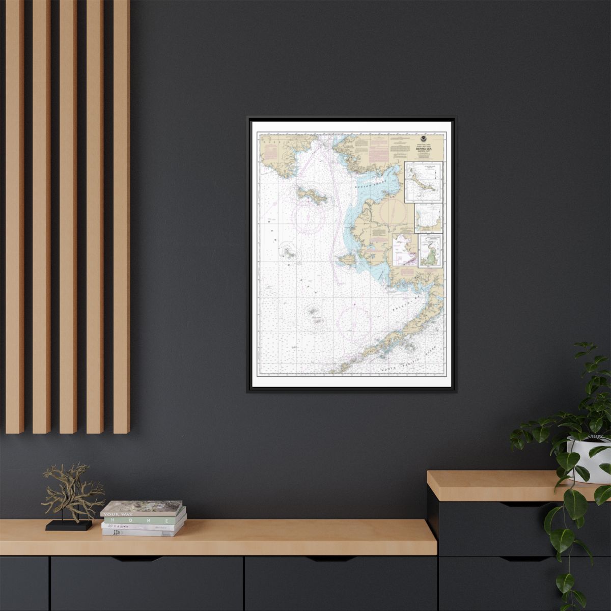 Chart 16006 Bering Sea-eastern part;St. Matthew Island, Bering Sea;Cape Etolin, Achorage, Nunivak Island - NOAA Nautical Chart Floating Frame Canvas | 24" x 32" | 30" x 40" - Black context-2