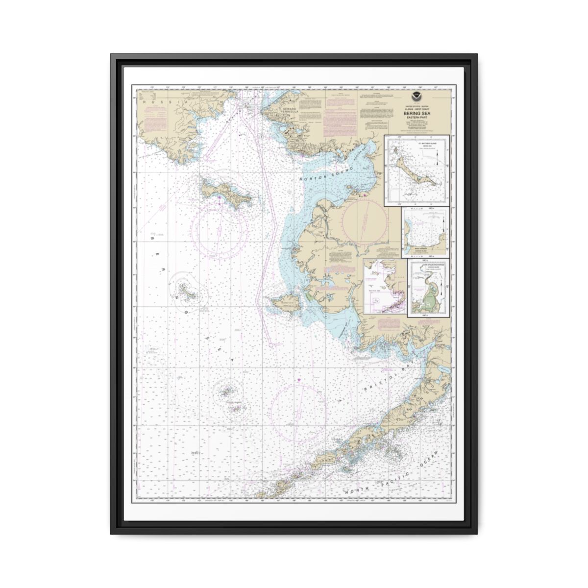 Chart 16006 Bering Sea-eastern part;St. Matthew Island, Bering Sea;Cape Etolin, Achorage, Nunivak Island - NOAA Nautical Chart Floating Frame Canvas | 24" x 32" | 30" x 40" - Black front
