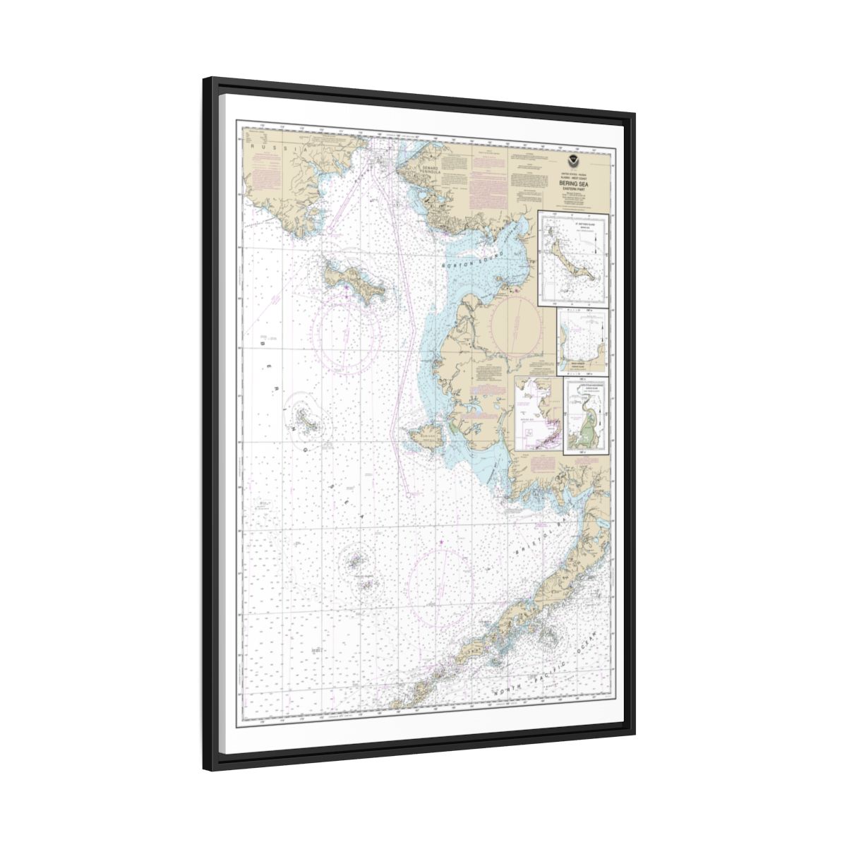 Chart 16006 Bering Sea-eastern part;St. Matthew Island, Bering Sea;Cape Etolin, Achorage, Nunivak Island - NOAA Nautical Chart Floating Frame Canvas | 24" x 32" | 30" x 40" - Black side