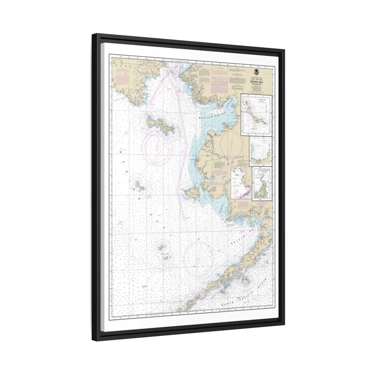 Chart 16006 Bering Sea-eastern part;St. Matthew Island, Bering Sea;Cape Etolin, Achorage, Nunivak Island - NOAA Nautical Chart Floating Frame Canvas | 24" x 32" | 30" x 40" - Black side