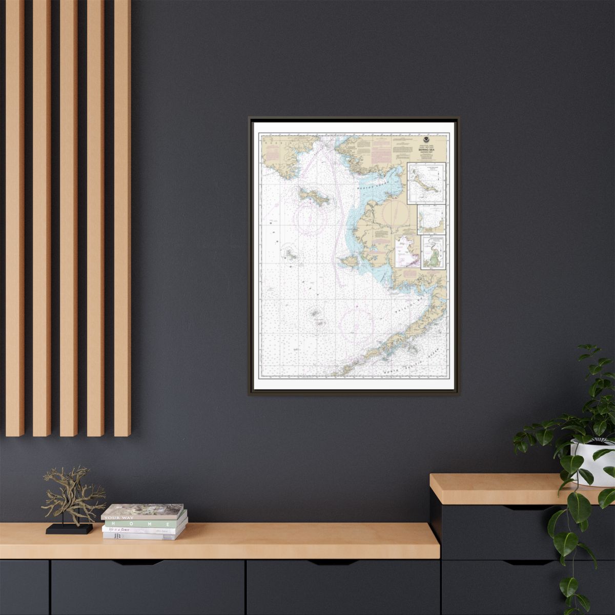 Chart 16006 Bering Sea-eastern part;St. Matthew Island, Bering Sea;Cape Etolin, Achorage, Nunivak Island - NOAA Nautical Chart Floating Frame Canvas | 24" x 32" | 30" x 40" - Espresso context-2