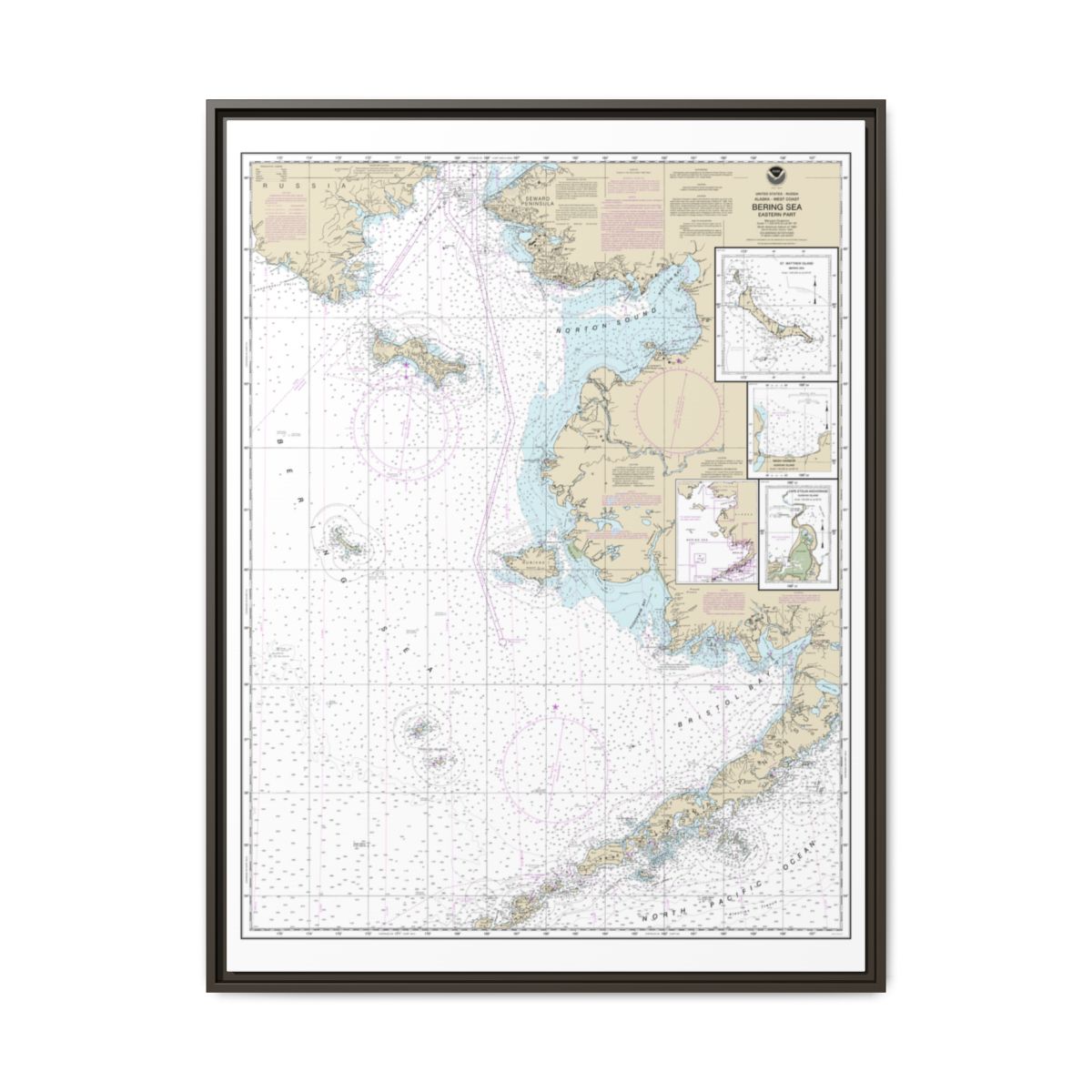 Chart 16006 Bering Sea-eastern part;St. Matthew Island, Bering Sea;Cape Etolin, Achorage, Nunivak Island - NOAA Nautical Chart Floating Frame Canvas | 24" x 32" | 30" x 40" - Espresso front