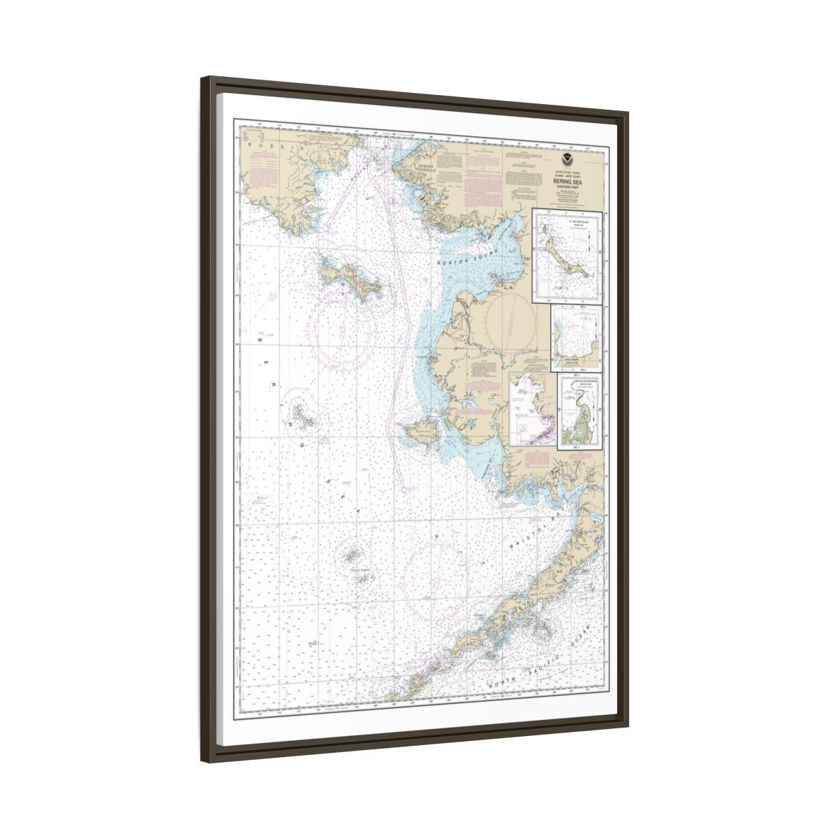 Chart 16006 Bering Sea-eastern part;St. Matthew Island, Bering Sea;Cape Etolin, Achorage, Nunivak Island - NOAA Nautical Chart Floating Frame Canvas | 24" x 32" | 30" x 40" - Espresso side