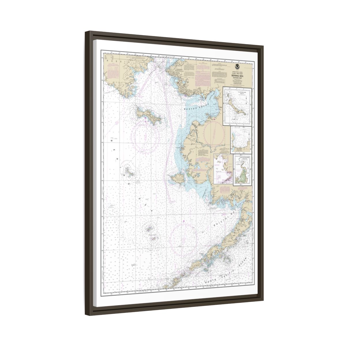 Chart 16006 Bering Sea-eastern part;St. Matthew Island, Bering Sea;Cape Etolin, Achorage, Nunivak Island - NOAA Nautical Chart Floating Frame Canvas | 24" x 32" | 30" x 40" - Espresso side