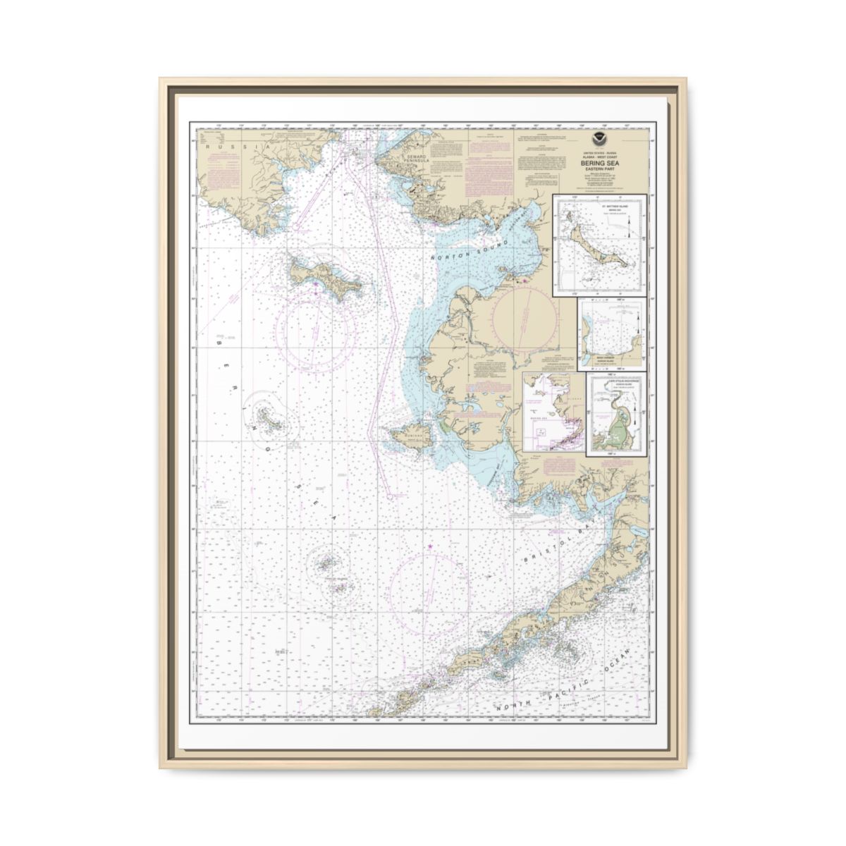 Chart 16006 Bering Sea-eastern part;St. Matthew Island, Bering Sea;Cape Etolin, Achorage, Nunivak Island - NOAA Nautical Chart Floating Frame Canvas | 24" x 32" | 30" x 40" - Natural front