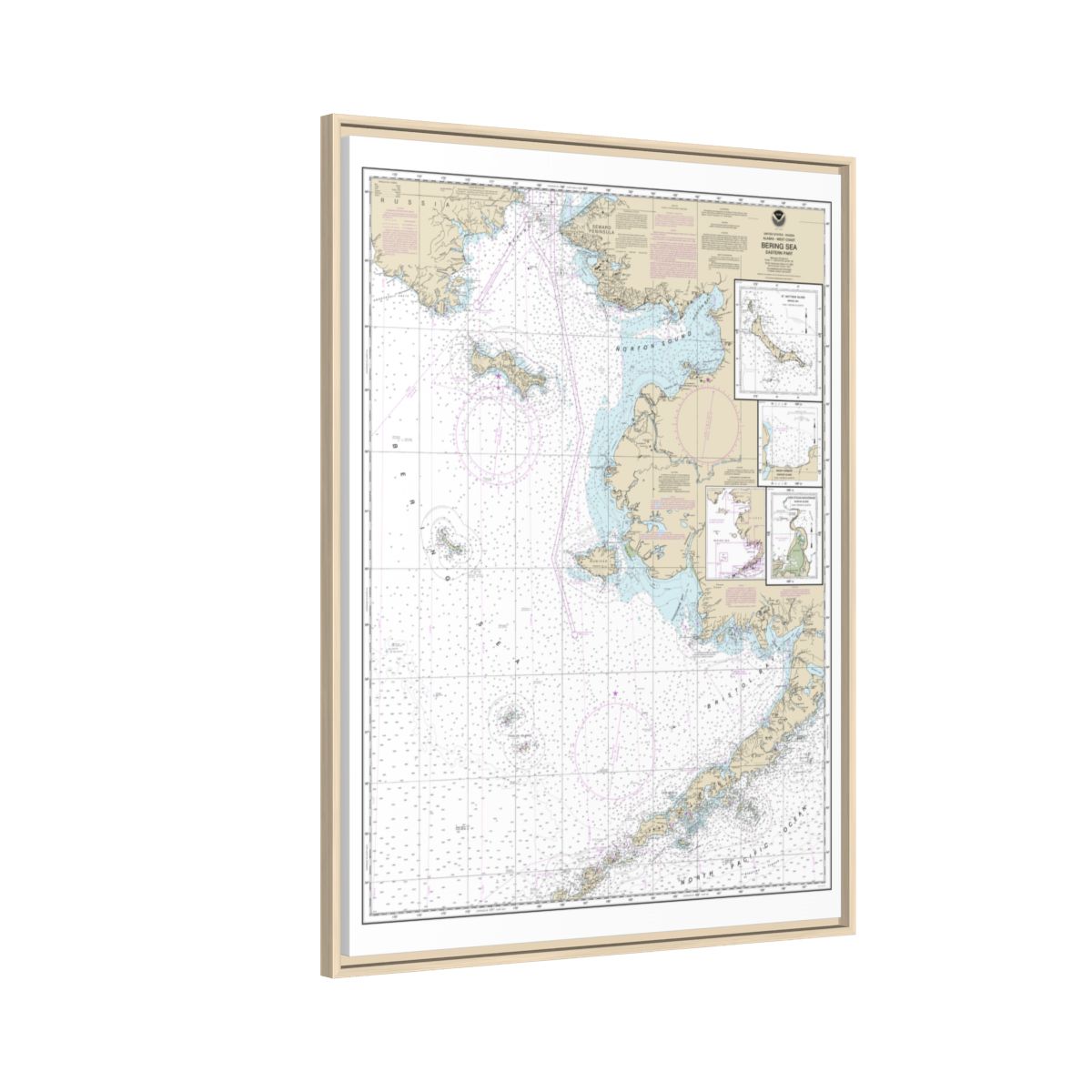 Chart 16006 Bering Sea-eastern part;St. Matthew Island, Bering Sea;Cape Etolin, Achorage, Nunivak Island - NOAA Nautical Chart Floating Frame Canvas | 24" x 32" | 30" x 40" - Natural side