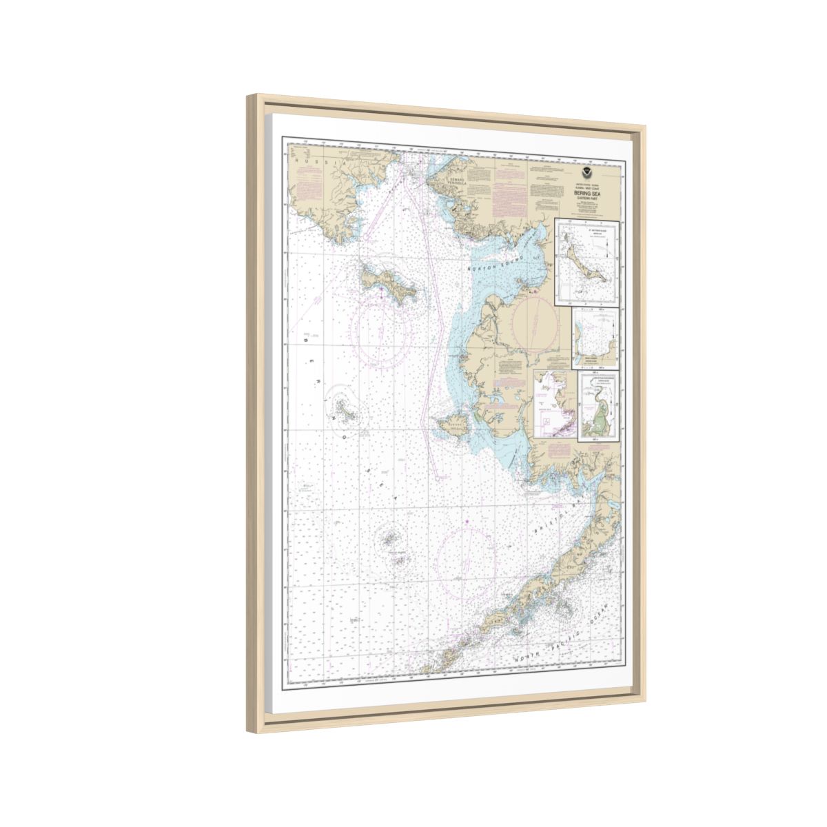 Chart 16006 Bering Sea-eastern part;St. Matthew Island, Bering Sea;Cape Etolin, Achorage, Nunivak Island - NOAA Nautical Chart Floating Frame Canvas | 24" x 32" | 30" x 40" - Natural side