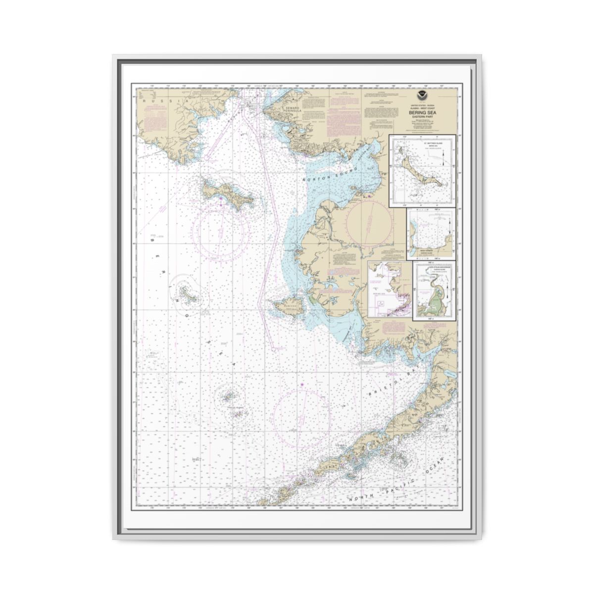 Chart 16006 Bering Sea-eastern part;St. Matthew Island, Bering Sea;Cape Etolin, Achorage, Nunivak Island - NOAA Nautical Chart Floating Frame Canvas | 24" x 32" | 30" x 40" - White front