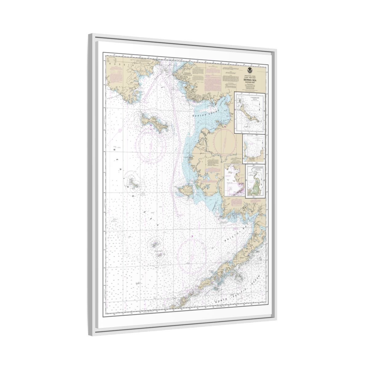 Chart 16006 Bering Sea-eastern part;St. Matthew Island, Bering Sea;Cape Etolin, Achorage, Nunivak Island - NOAA Nautical Chart Floating Frame Canvas | 24" x 32" | 30" x 40" - White side