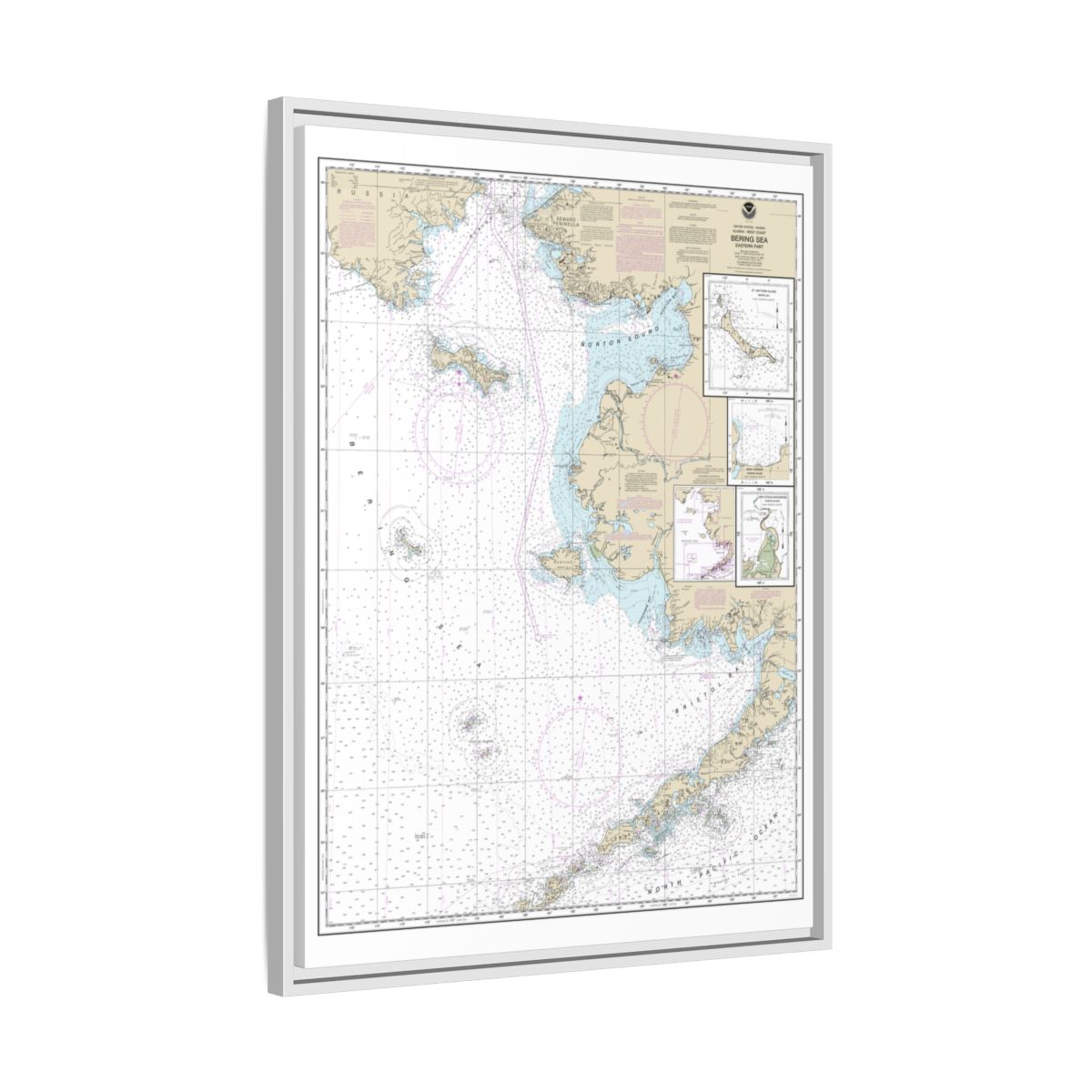 Chart 16006 Bering Sea-eastern part;St. Matthew Island, Bering Sea;Cape Etolin, Achorage, Nunivak Island - NOAA Nautical Chart Floating Frame Canvas | 24" x 32" | 30" x 40" - White side