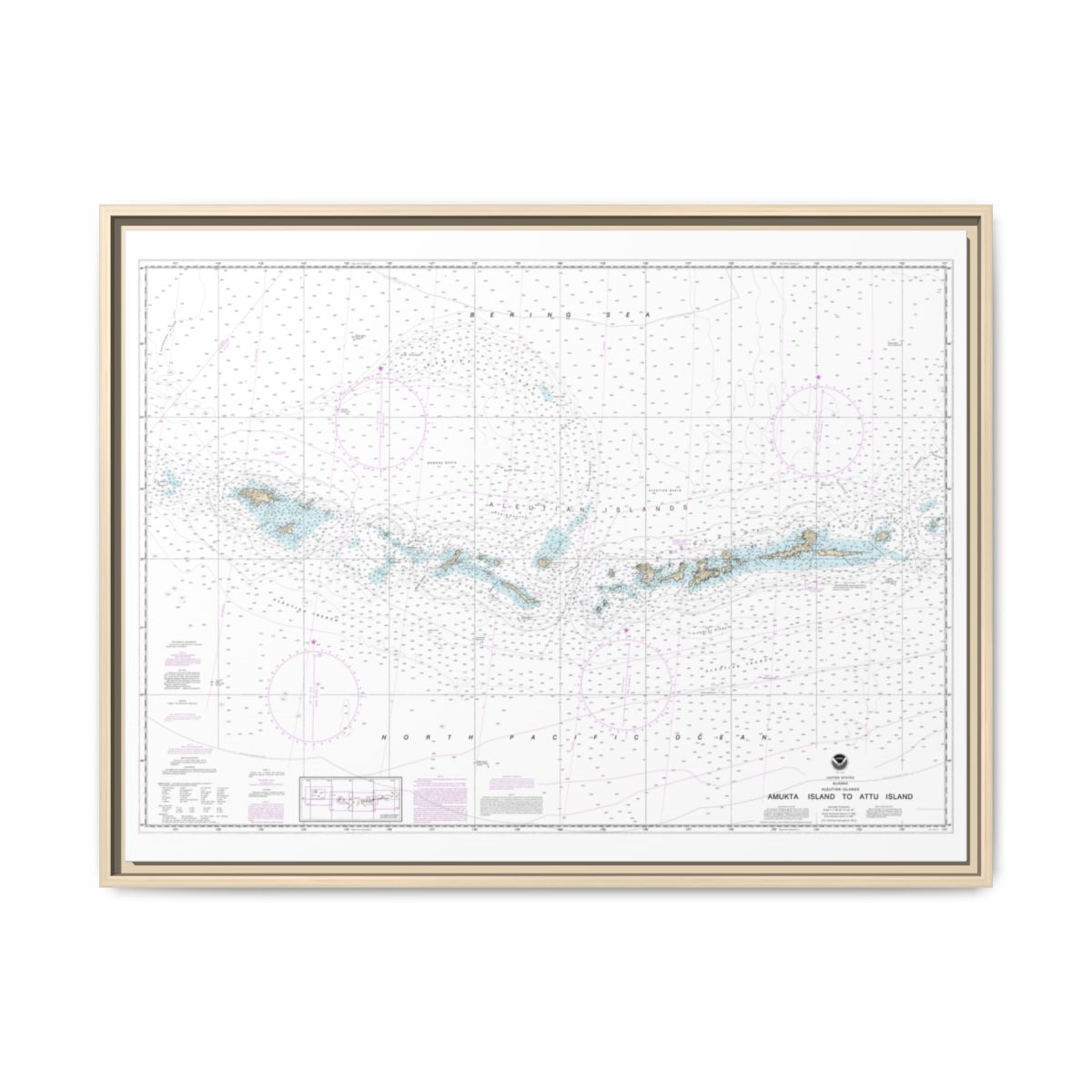Chart 16012 Aleutian Islands Amukta Island to Attu Island - NOAA Nautical Chart Floating Frame Canvas | 32" x 24" | 40" x 30" - Natural front