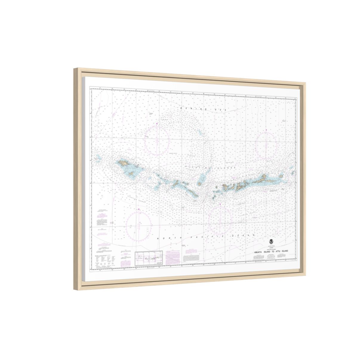 Chart 16012 Aleutian Islands Amukta Island to Attu Island - NOAA Nautical Chart Floating Frame Canvas | 32" x 24" | 40" x 30" - Natural side