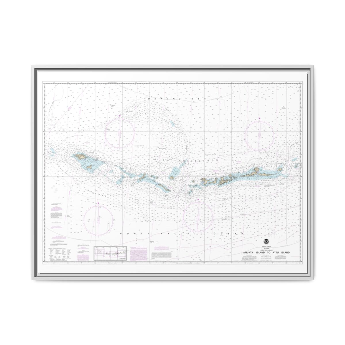 Chart 16012 Aleutian Islands Amukta Island to Attu Island - NOAA Nautical Chart Floating Frame Canvas | 32" x 24" | 40" x 30" - White front