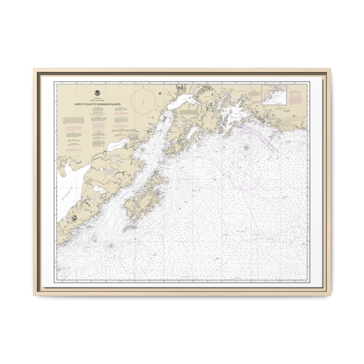 Chart 16013 Cape St. Elias to Shumagin Islands;Semidi Islands - NOAA Nautical Chart Floating Frame Canvas | 32" x 24" | 40" x 30" - Natural front