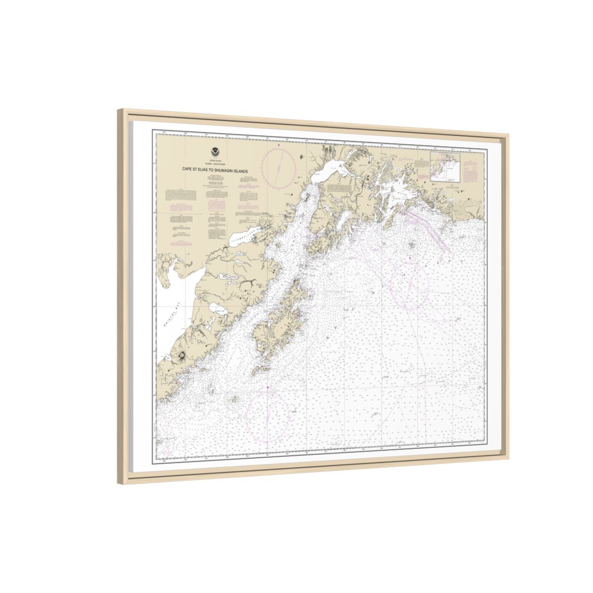 Chart 16013 Cape St. Elias to Shumagin Islands;Semidi Islands - NOAA Nautical Chart Floating Frame Canvas | 32" x 24" | 40" x 30" - Natural side