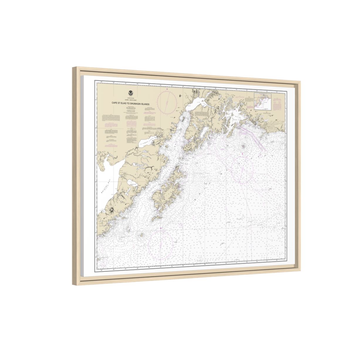 Chart 16013 Cape St. Elias to Shumagin Islands;Semidi Islands - NOAA Nautical Chart Floating Frame Canvas | 32" x 24" | 40" x 30" - Natural side