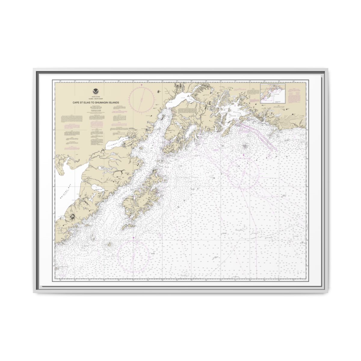 Chart 16013 Cape St. Elias to Shumagin Islands;Semidi Islands - NOAA Nautical Chart Floating Frame Canvas | 32" x 24" | 40" x 30" - White front