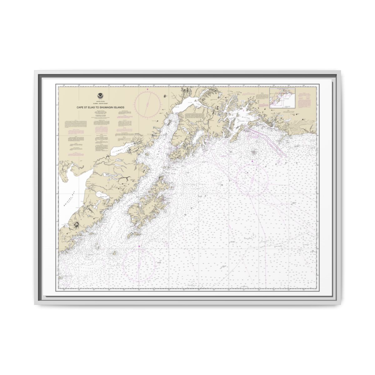 Chart 16013 Cape St. Elias to Shumagin Islands;Semidi Islands - NOAA Nautical Chart Floating Frame Canvas | 32" x 24" | 40" x 30" - White front