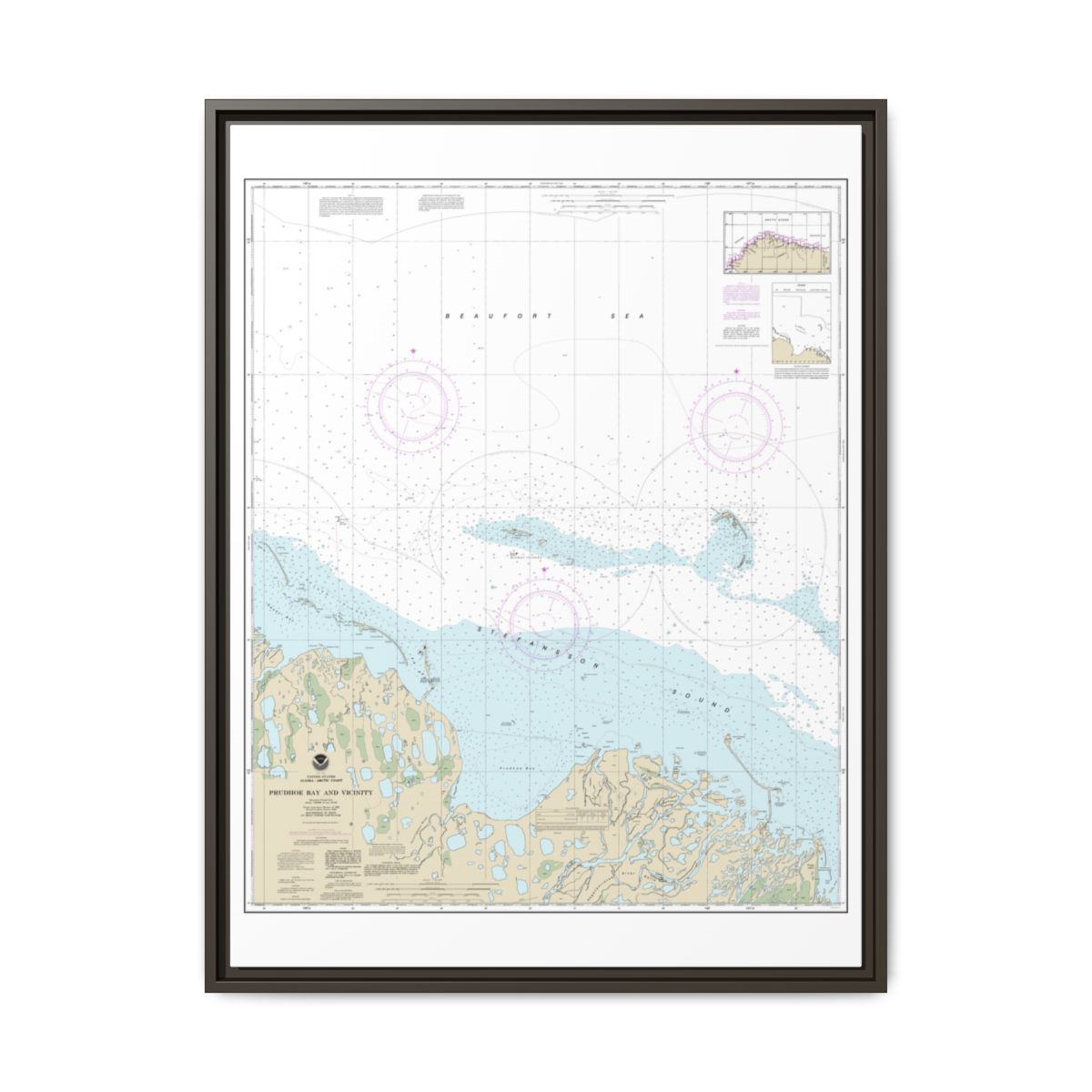 Chart 16061 Prudhoe Bay and vicinity - NOAA Nautical Chart Floating Frame Canvas | 24" x 32" | 30" x 40" - Espresso front