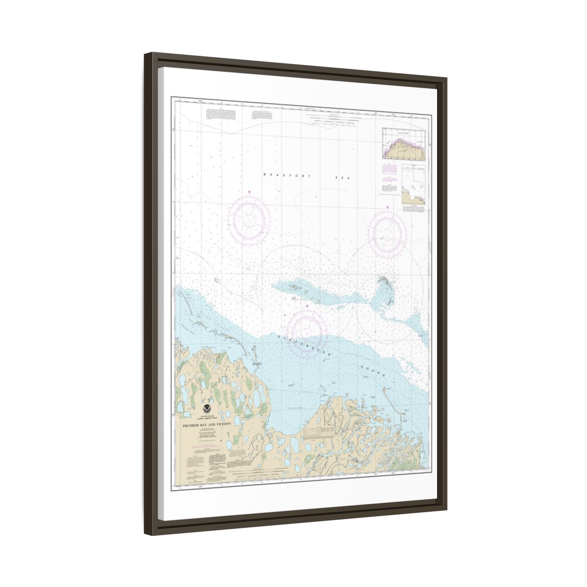 Chart 16061 Prudhoe Bay and vicinity - NOAA Nautical Chart Floating Frame Canvas | 24" x 32" | 30" x 40" - Espresso side