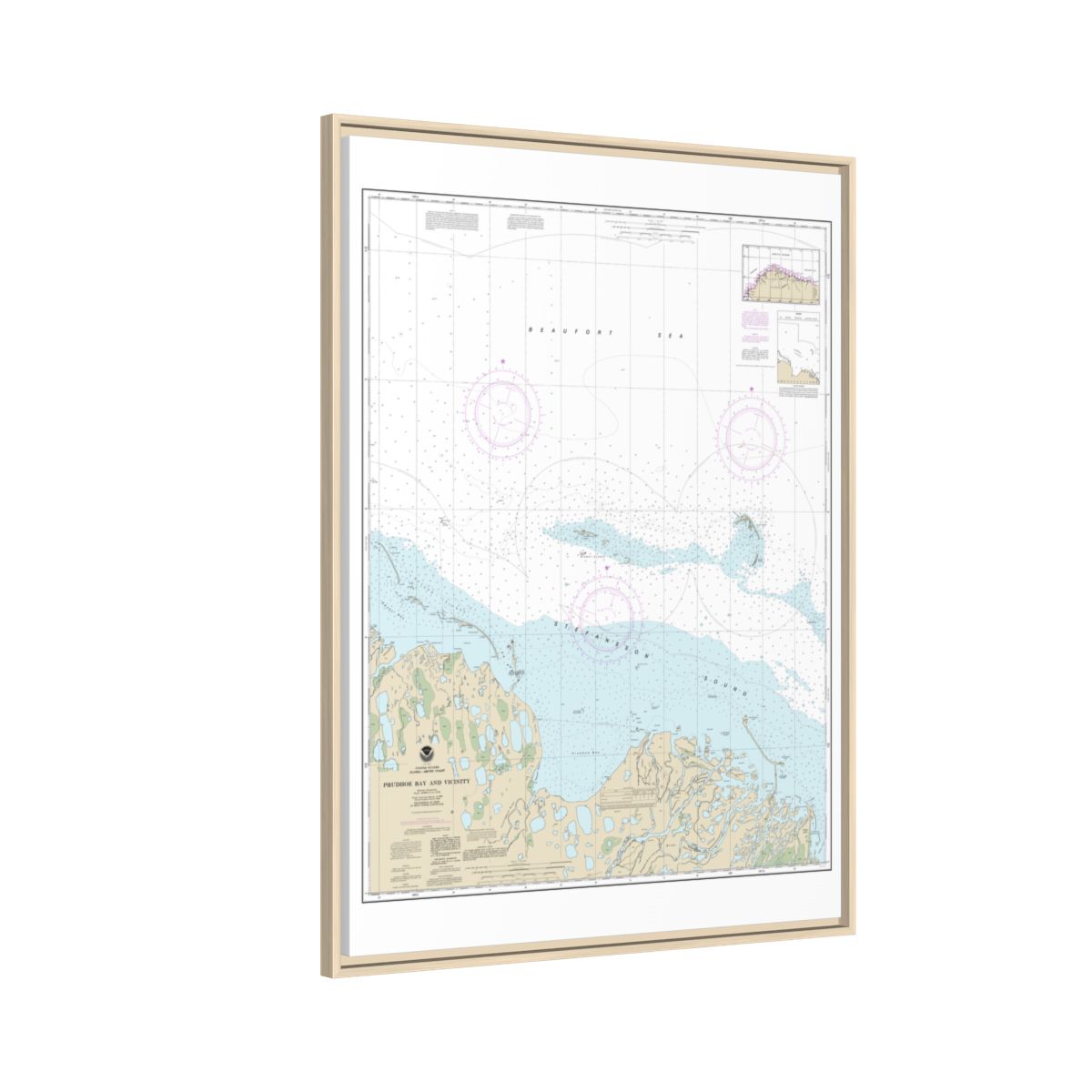 Chart 16061 Prudhoe Bay and vicinity - NOAA Nautical Chart Floating Frame Canvas | 24" x 32" | 30" x 40" - Natural side
