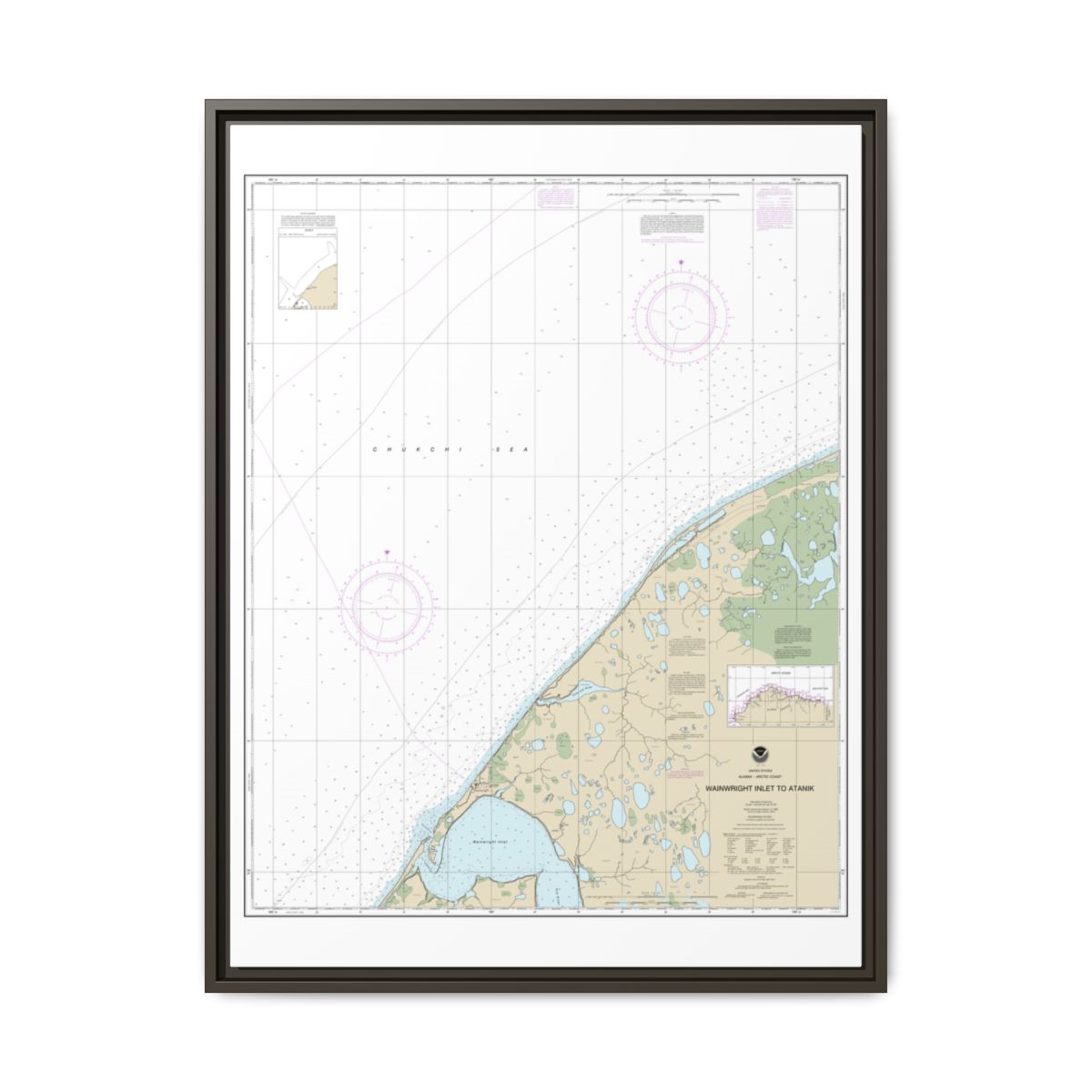 Chart 16085 Wainwright Inlet to Atanik - NOAA Nautical Chart Floating Frame Canvas | 24" x 32" | 30" x 40" - Espresso front