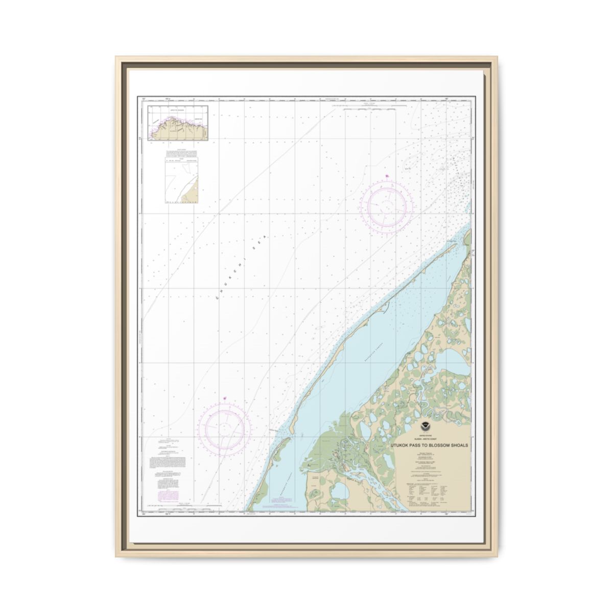 Chart 16088 Utukok Pass to Blossom Shoals - NOAA Nautical Chart Floating Frame Canvas | 24" x 32" | 30" x 40" - Natural front