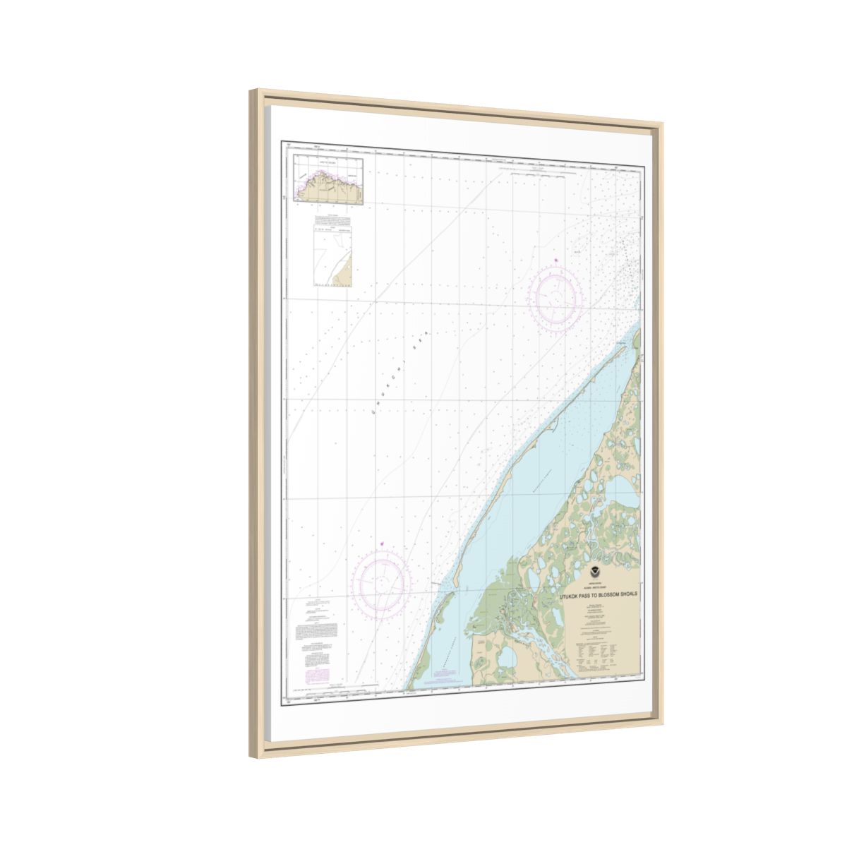 Chart 16088 Utukok Pass to Blossom Shoals - NOAA Nautical Chart Floating Frame Canvas | 24" x 32" | 30" x 40" - Natural side