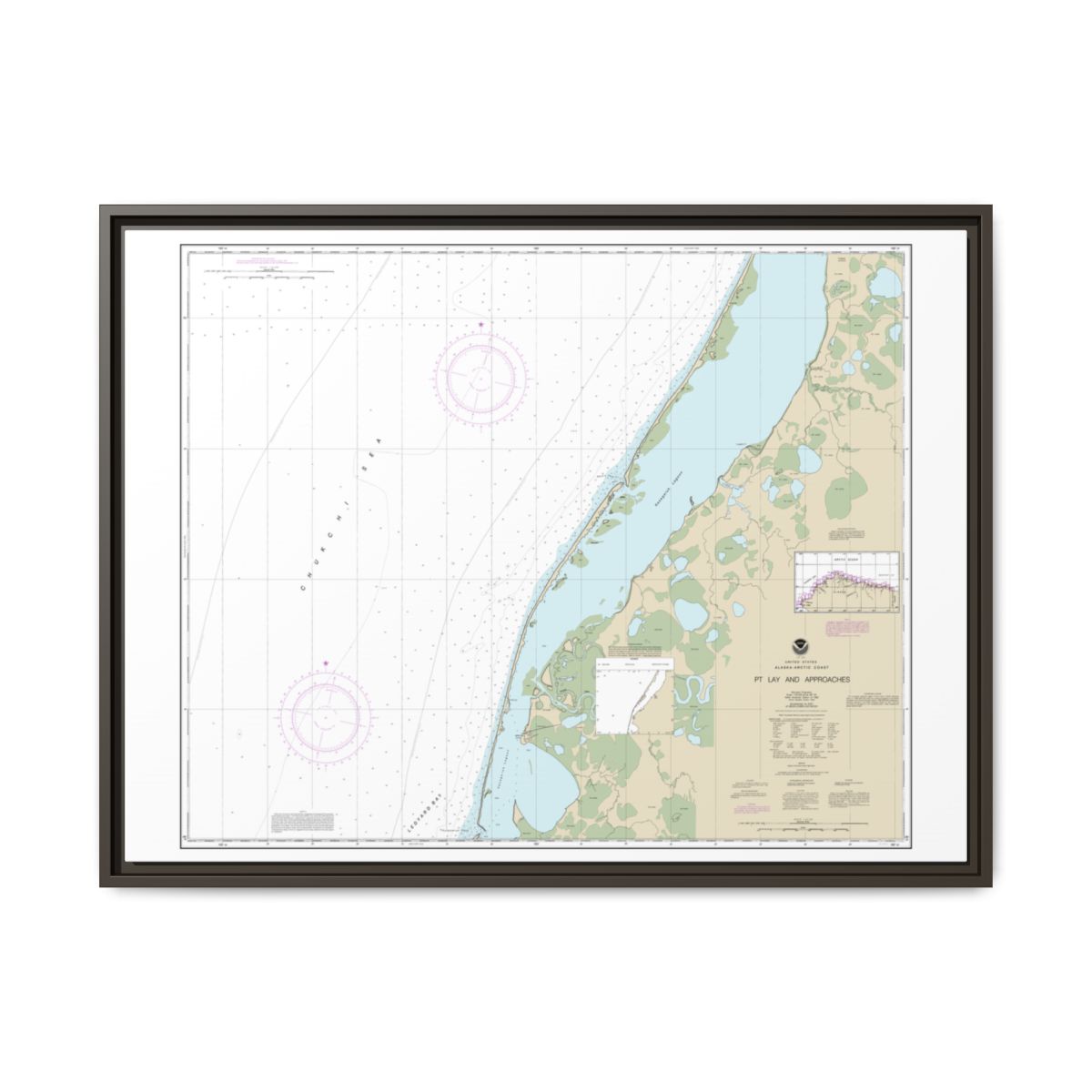 Chart 16101 Pt. Lay and approaches - NOAA Nautical Chart Floating Frame Canvas | 32" x 24" | 40" x 30" - Espresso front
