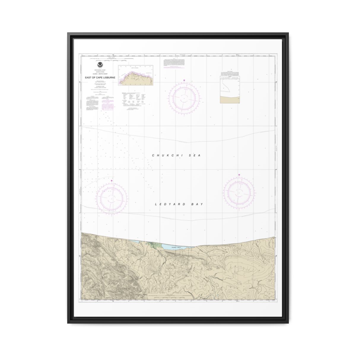 Chart 16121 East of Cape Lisburne - NOAA Nautical Chart Floating Frame Canvas | 24" x 32" | 30" x 40" - Black front